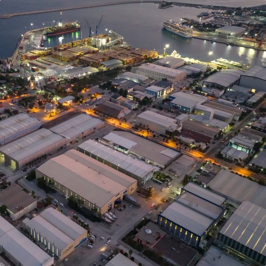Ariel view of Alia Yachts shipyard at dusk