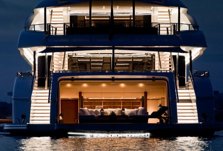 Alia Yachts Samurai stern view at night with lights on