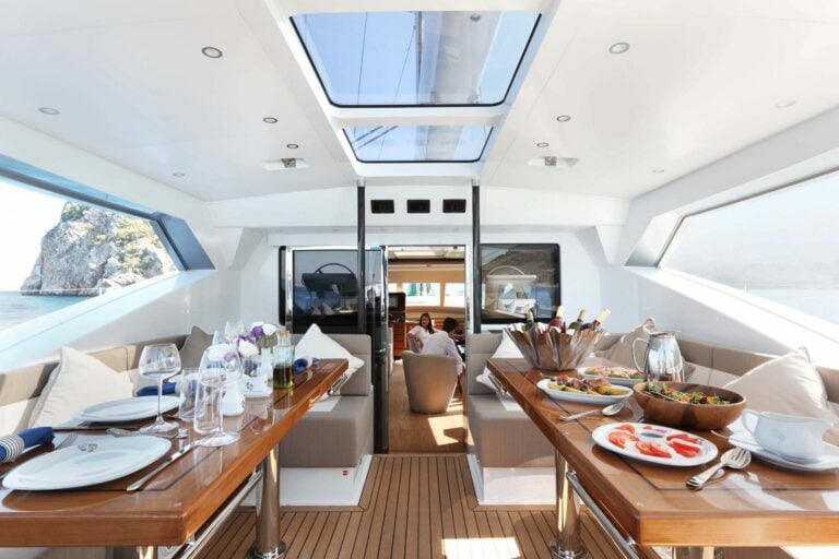 Alia Yachts Patea sun deck with dining setting
