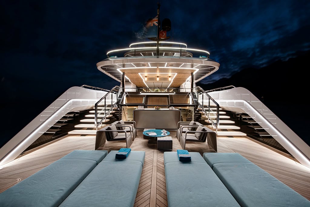 Alia Yachts AL WAAB night time with exterior lights on