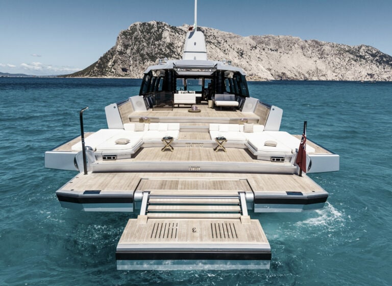 Alia Yachts Atlantico anchored at sea with the swim deck extended