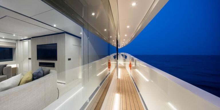 Alia Yachts Virgin Del Mar deck at night