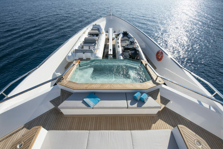 Alia Yachts AL WAAB sun deck jacuzzi and tenders at the bow
