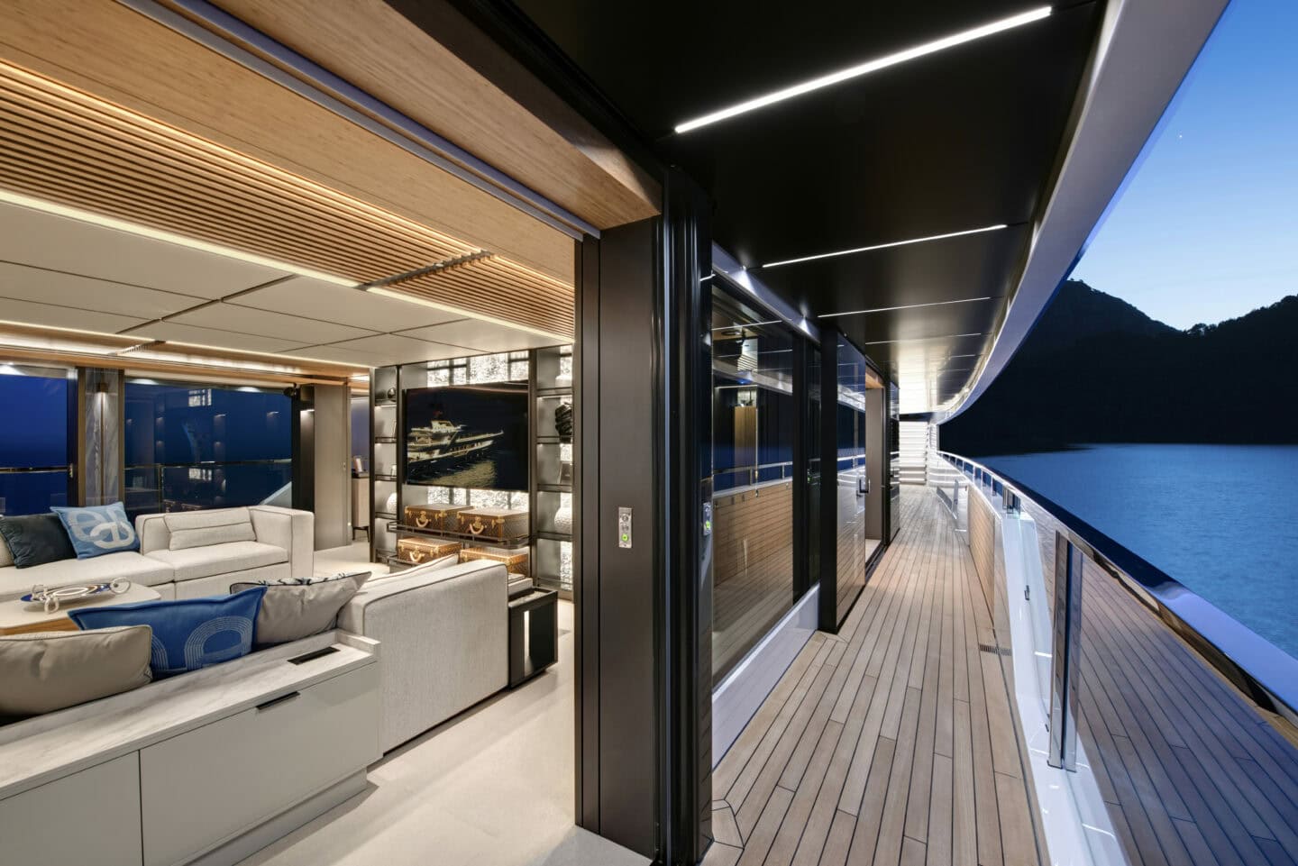 Alia Yachts AL WAAB deck walkway with lounge doors open